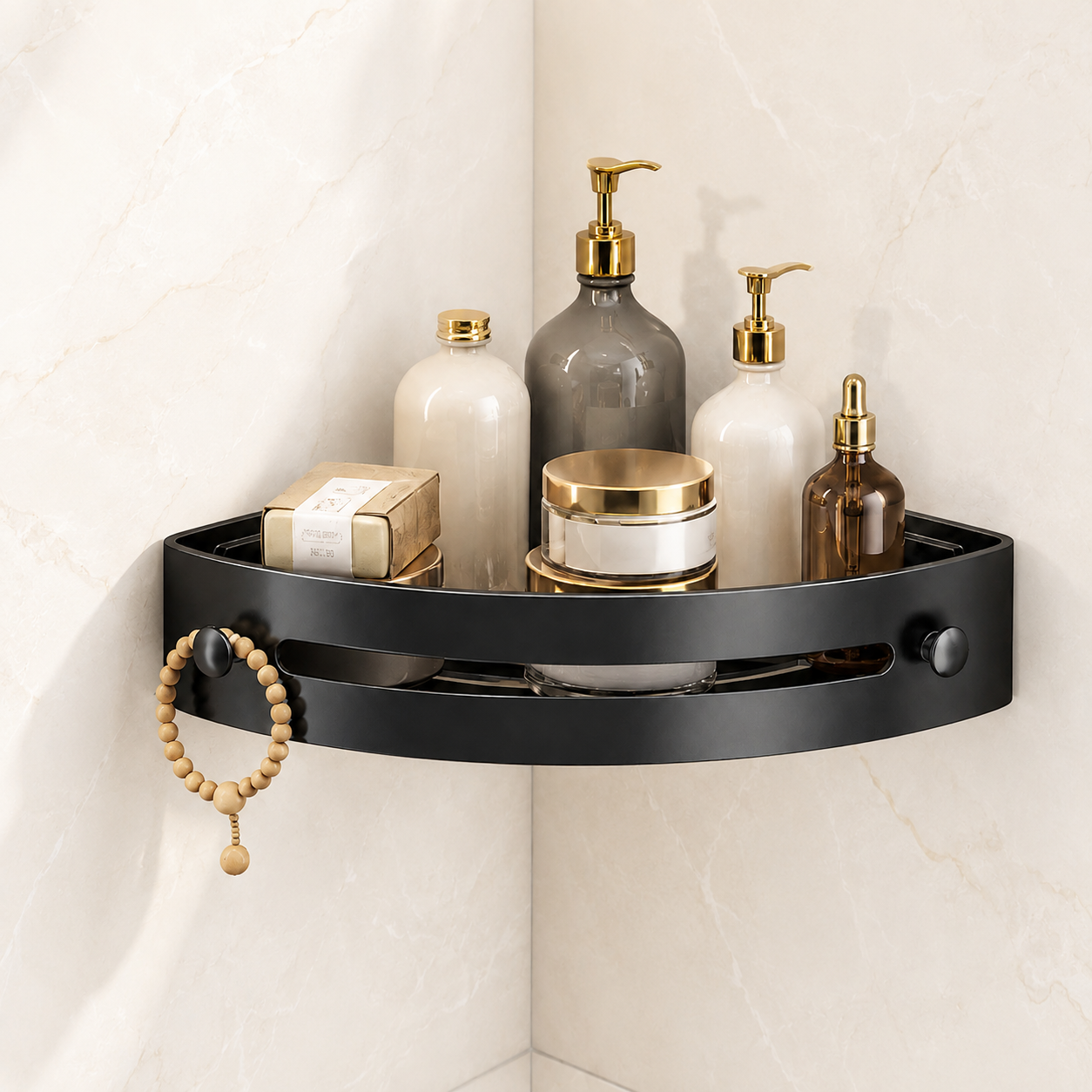 No-Drill Corner Shower Caddy โ Triangular Wall-Mounted Bathroom Storage Rack with Hooks & Drainage