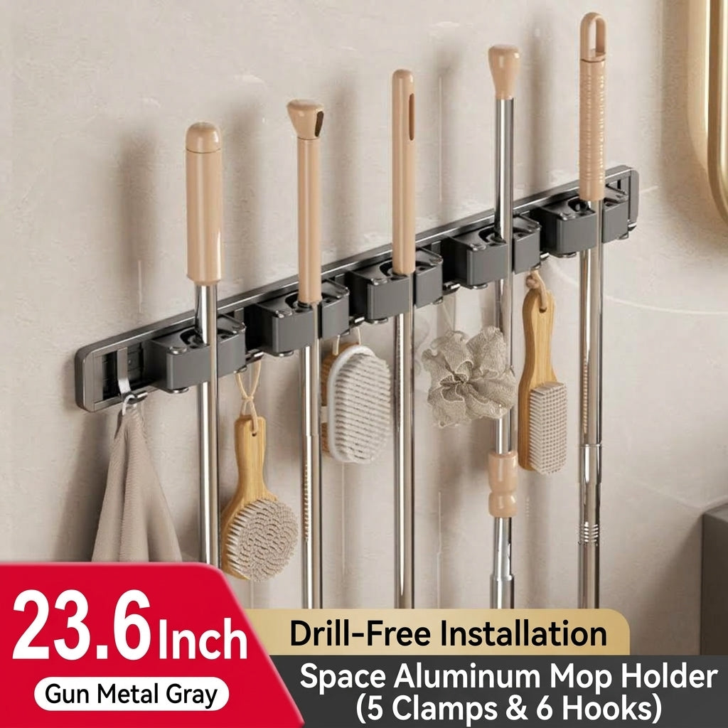 Wall Mounted Mop and Broom Holder Heavy Duty No Drilling Broom Gripper Organizer for Bathroom and Kitchen