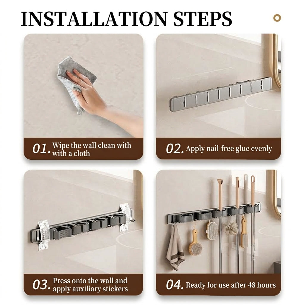 Wall Mounted Mop and Broom Holder Heavy Duty No Drilling Broom Gripper Organizer for Bathroom and Kitchen