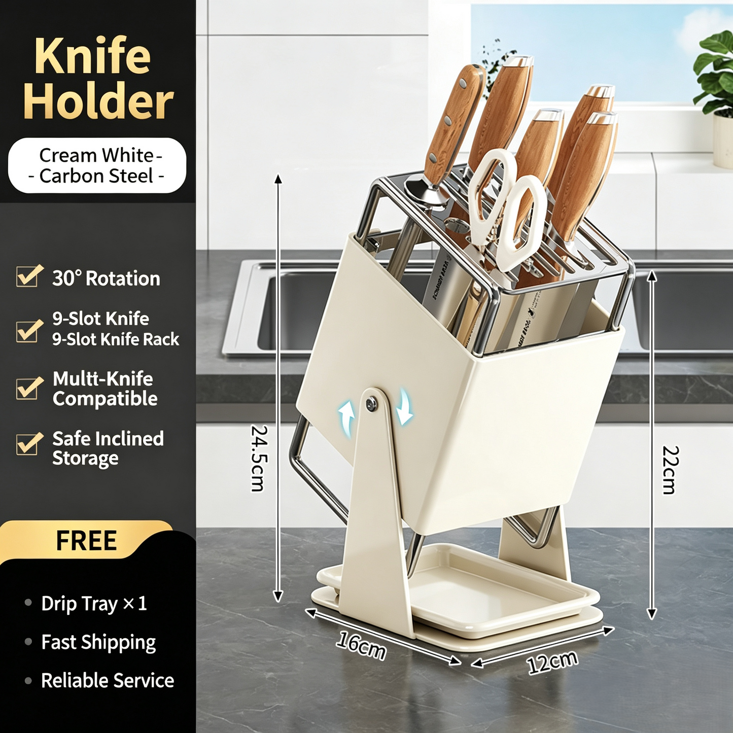 30°Rotating Knife Holder, Stainless Steel Kitchen Countertop Knife Storage Rack with Drip Tray, Multi‑Slot Kitchen Cutlery Organizer
