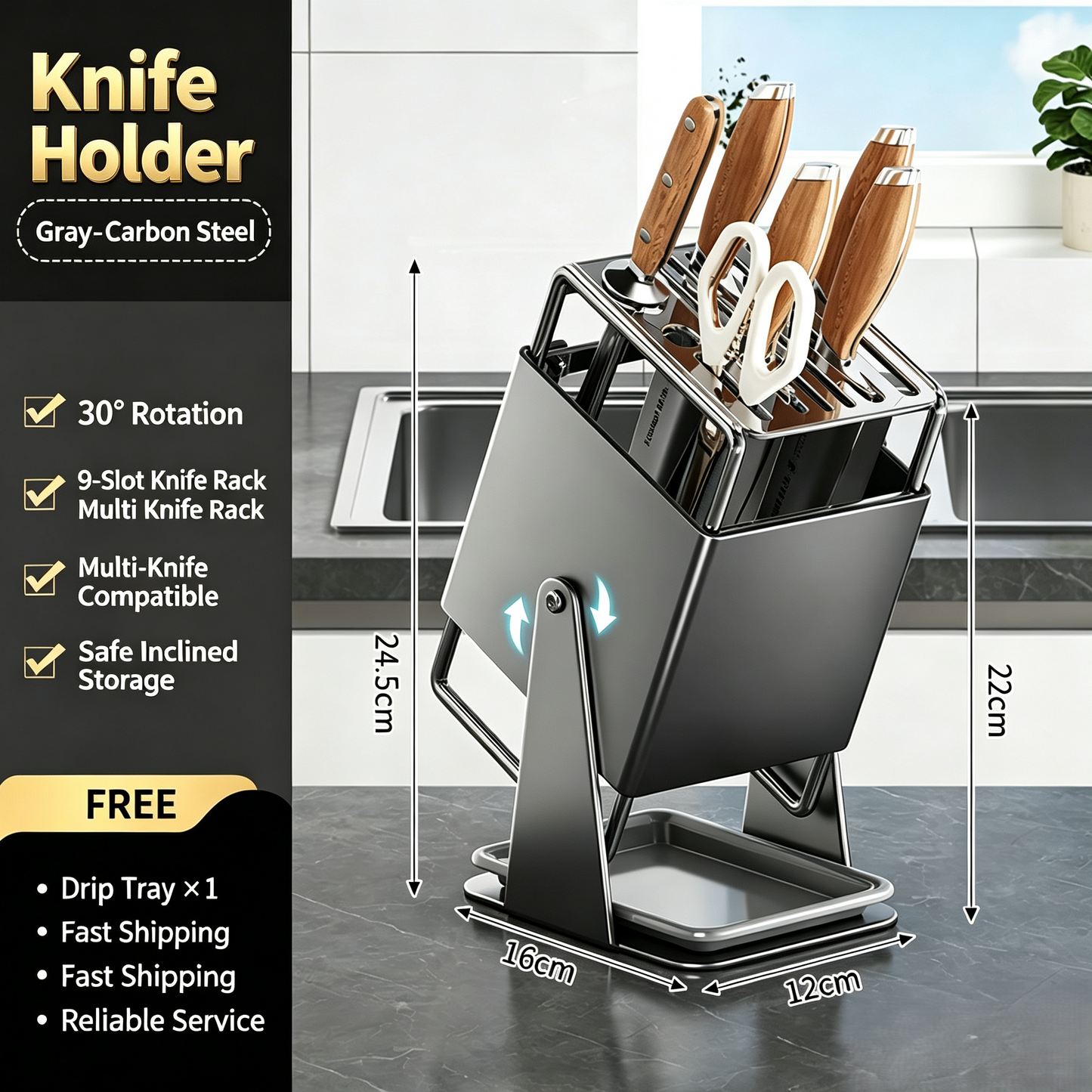 30°Rotating Knife Holder, Stainless Steel Kitchen Countertop Knife Storage Rack with Drip Tray, Multi‑Slot Kitchen Cutlery Organizer