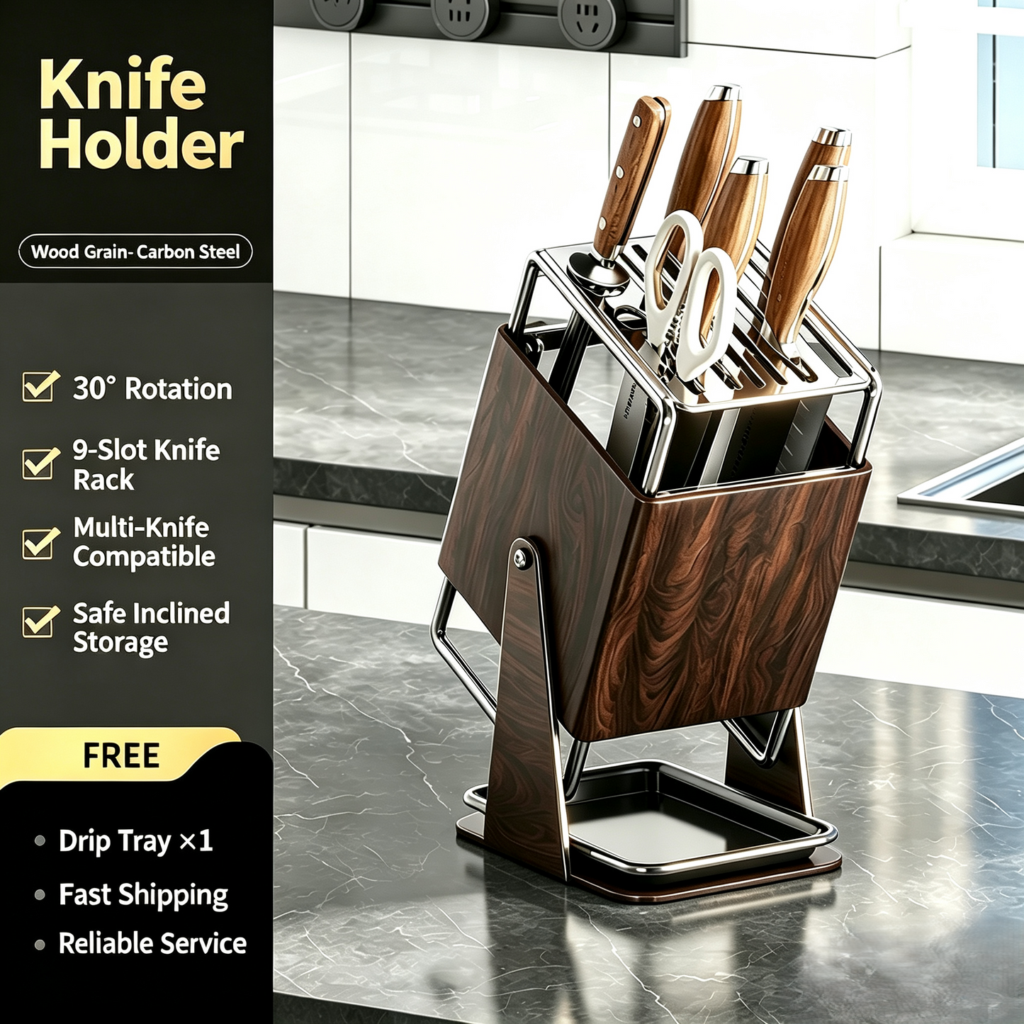 30°Rotating Knife Holder, Stainless Steel Kitchen Countertop Knife Storage Rack with Drip Tray, Multi‑Slot Kitchen Cutlery Organizer