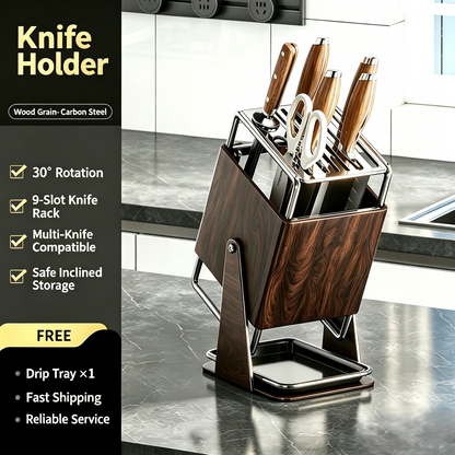 30°Rotating Knife Holder, Stainless Steel Kitchen Countertop Knife Storage Rack with Drip Tray, Multi‑Slot Kitchen Cutlery Organizer