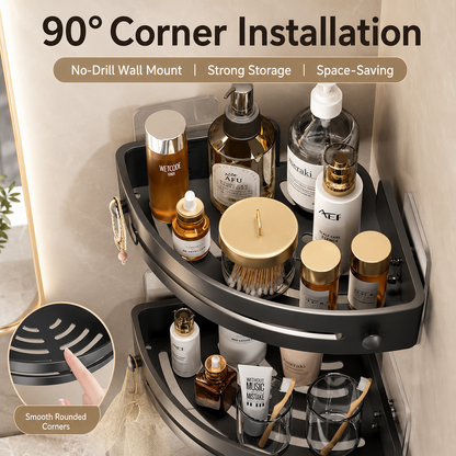 No-Drill Corner Shower Caddy – Triangular Wall-Mounted Bathroom Storage Rack with Hooks & Drainage
