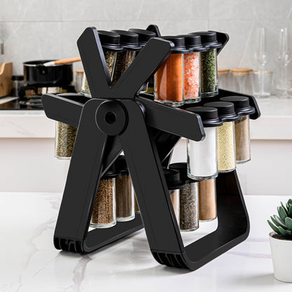 Rotating Spice Rack with Plastic Spice Jars, 2‑Second Rotating Access Countertop Seasoning Organizer for Kitchen & BBQ