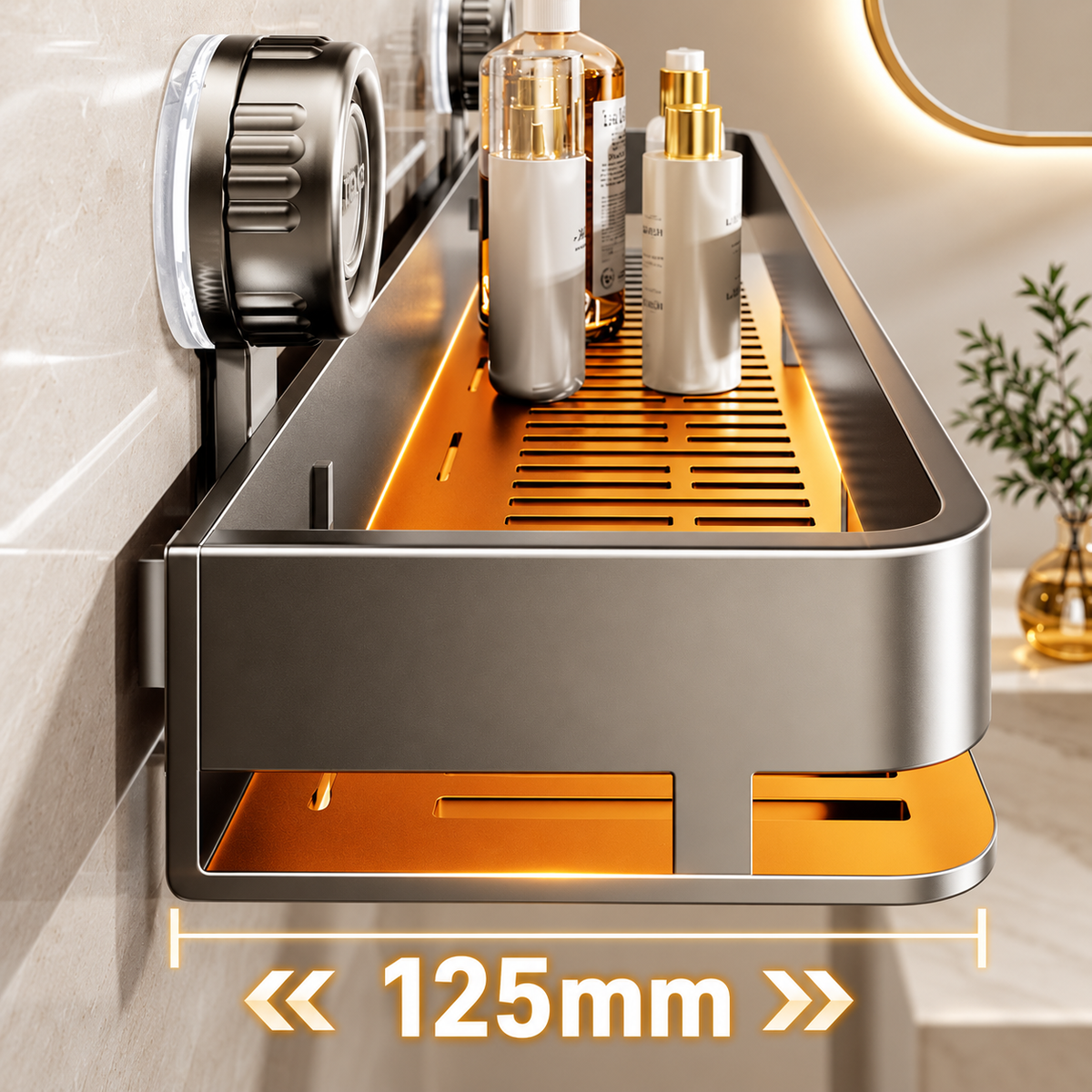 Gunmetal Bathroom Shelf, No-Drill Vacuum Suction Wall-Mounted Storage Rack with Drainage Design