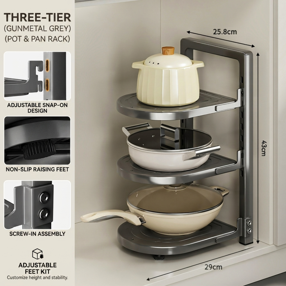 Adjustable Kitchen Pot Organizer Rack – Multi-Tier Countertop & Under Sink Cookware Storage Shelf