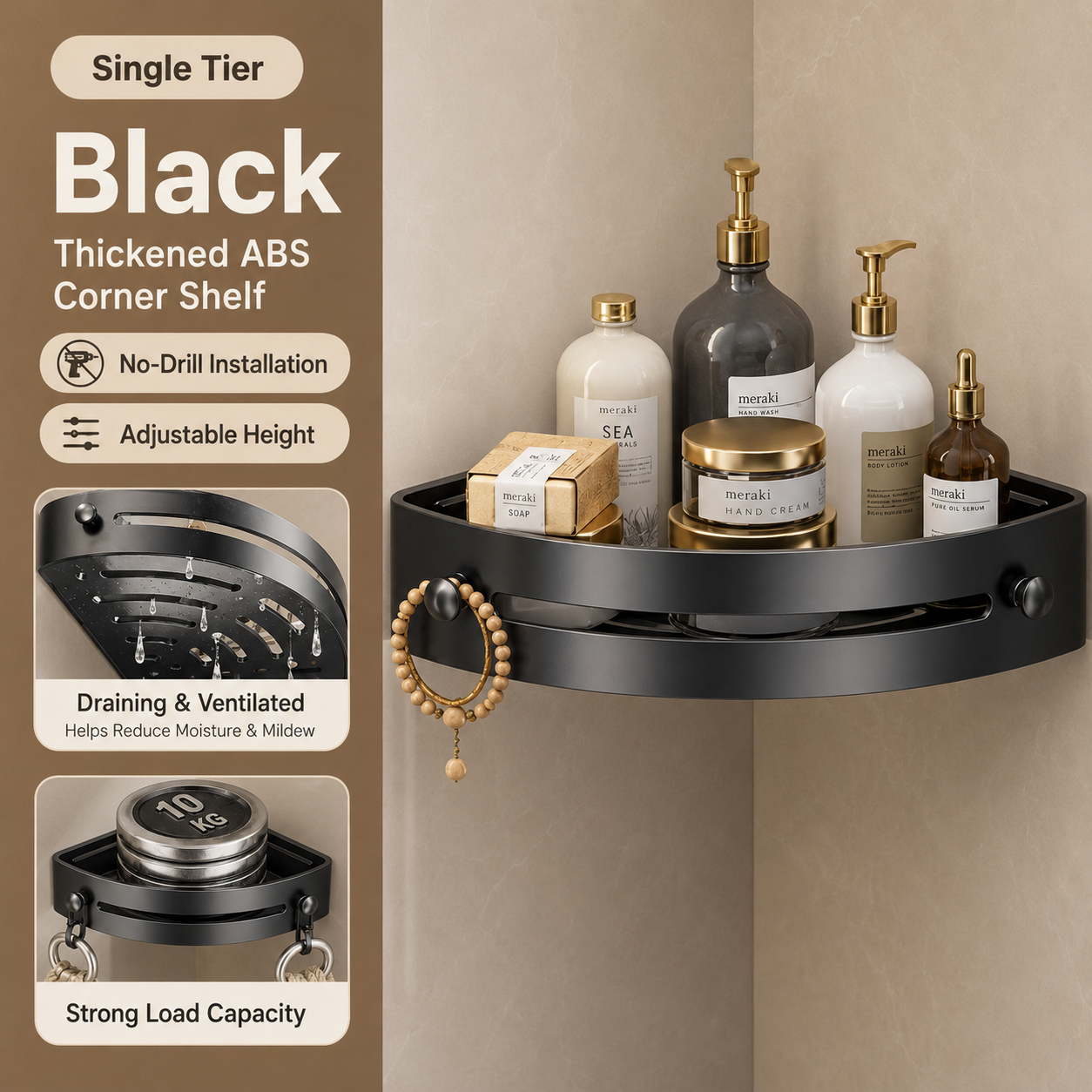 No-Drill Corner Shower Caddy – Triangular Wall-Mounted Bathroom Storage Rack with Hooks & Drainage
