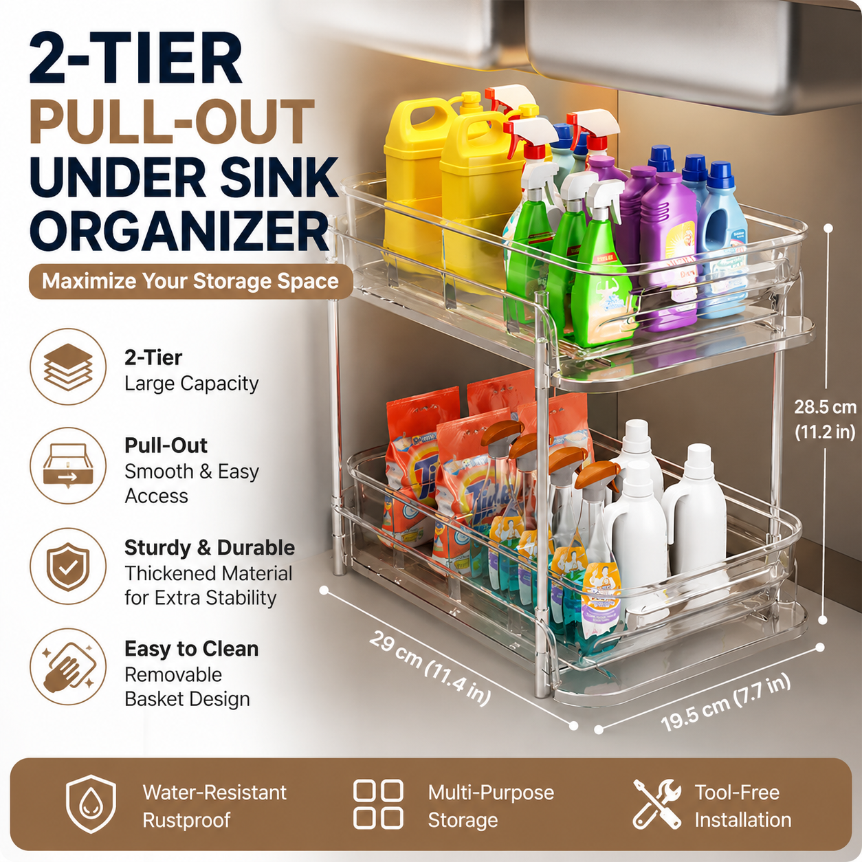 Pull-Out Under Sink Organizer – 2-Tier Sliding Cabinet Storage Shelf for Bathroom Counter & Vanity
