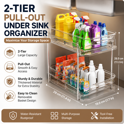 Pull-Out Under Sink Organizer – 2-Tier Sliding Cabinet Storage Shelf for Bathroom Counter & Vanity