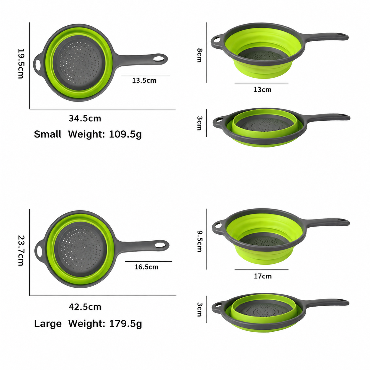 Collapsible Colander with Handle – Expandable Round Strainer Basket for Kitchen Washing, Draining & Food Prep