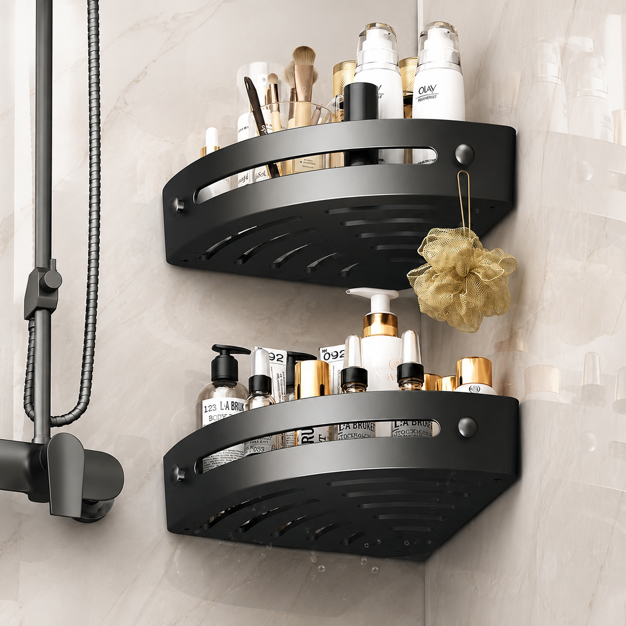 No-Drill Corner Shower Caddy – Triangular Wall-Mounted Bathroom Storage Rack with Hooks & Drainage