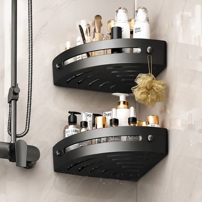 No-Drill Corner Shower Caddy – Triangular Wall-Mounted Bathroom Storage Rack with Hooks & Drainage