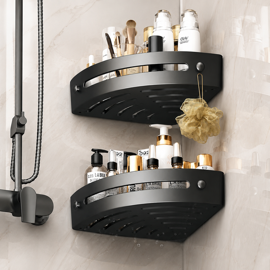 No-Drill Corner Shower Caddy – Triangular Wall-Mounted Bathroom Storage Rack with Hooks & Drainage