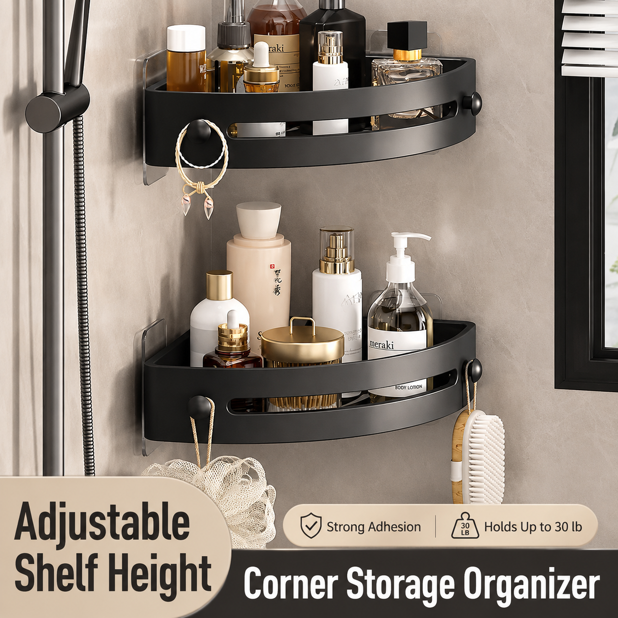 No-Drill Corner Shower Caddy – Triangular Wall-Mounted Bathroom Storage Rack with Hooks & Drainage