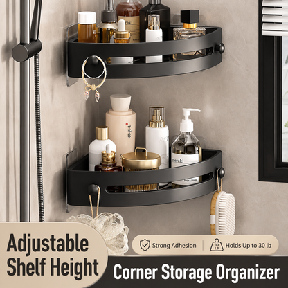 No-Drill Corner Shower Caddy – Triangular Wall-Mounted Bathroom Storage Rack with Hooks & Drainage