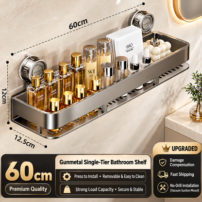 Gunmetal Bathroom Shelf, No-Drill Vacuum Suction Wall-Mounted Storage Rack with Drainage Design