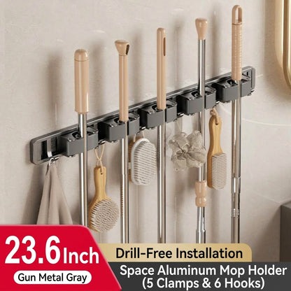 Wall Mounted Mop and Broom Holder Heavy Duty No Drilling Broom Gripper Organizer for Bathroom and Kitchen