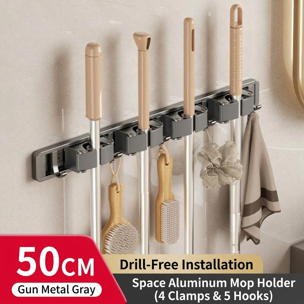 Wall Mounted Mop and Broom Holder Heavy Duty No Drilling Broom Gripper Organizer for Bathroom and Kitchen