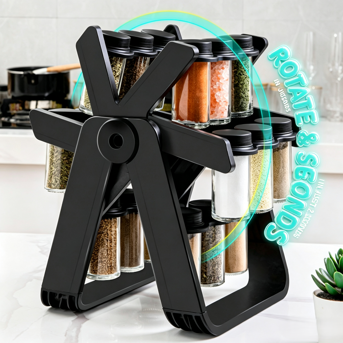 Rotating Spice Rack with Plastic Spice Jars, 2‑Second Rotating Access Countertop Seasoning Organizer for Kitchen & BBQ