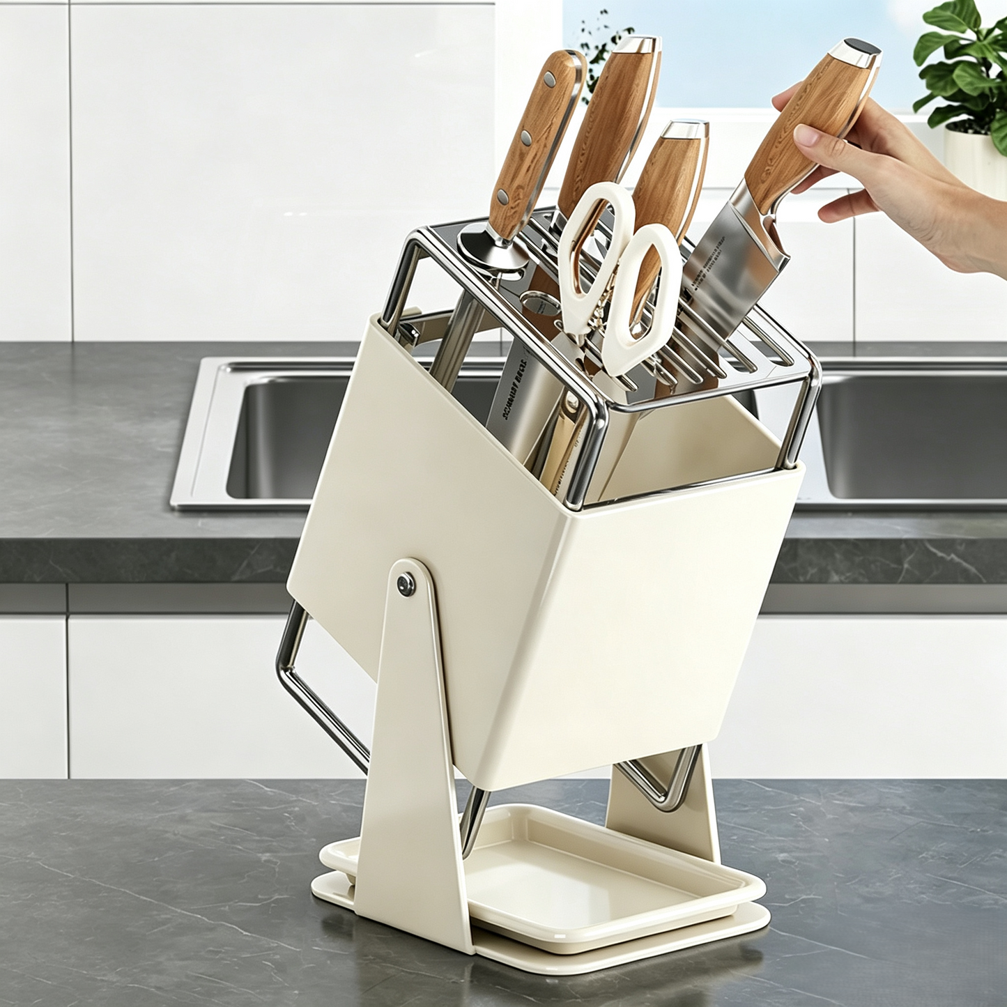 30°Rotating Knife Holder, Stainless Steel Kitchen Countertop Knife Storage Rack with Drip Tray, Multi‑Slot Kitchen Cutlery Organizer