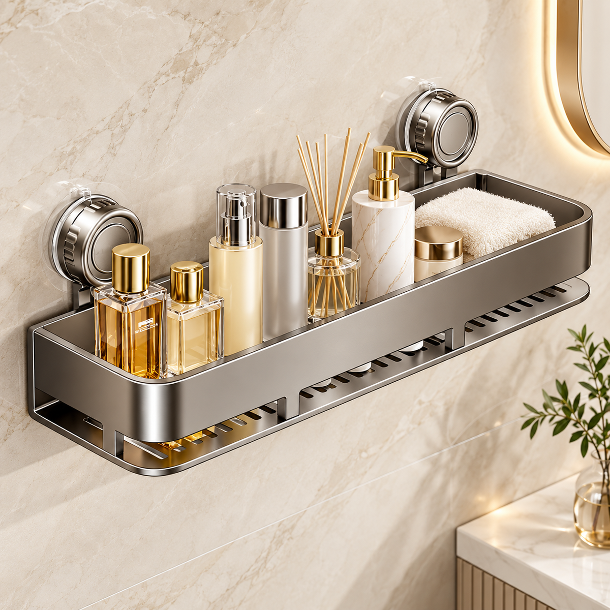 Gunmetal Bathroom Shelf, No-Drill Vacuum Suction Wall-Mounted Storage Rack with Drainage Design