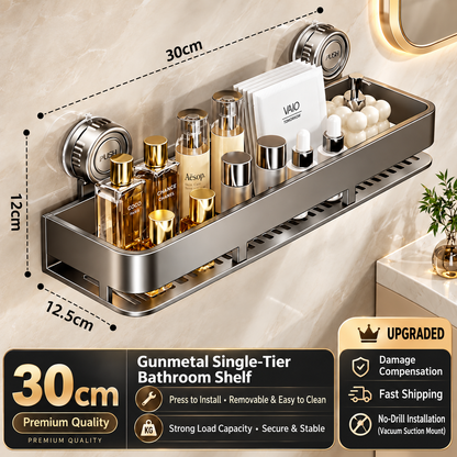 Gunmetal Bathroom Shelf, No-Drill Vacuum Suction Wall-Mounted Storage Rack with Drainage Design