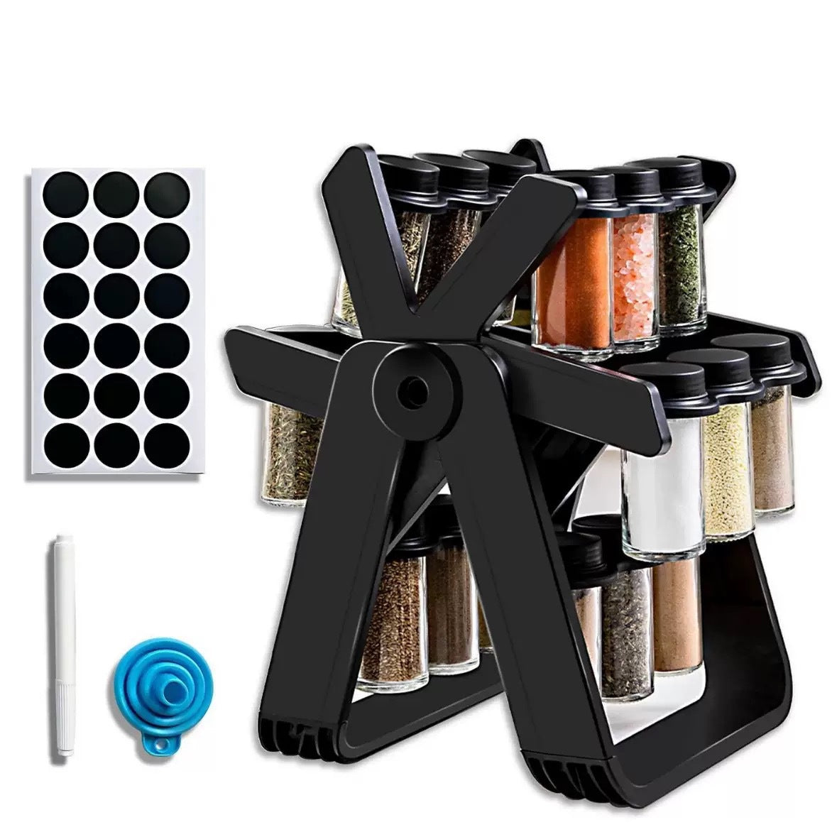 Rotating Spice Rack with Plastic Spice Jars, 2‑Second Rotating Access Countertop Seasoning Organizer for Kitchen & BBQ